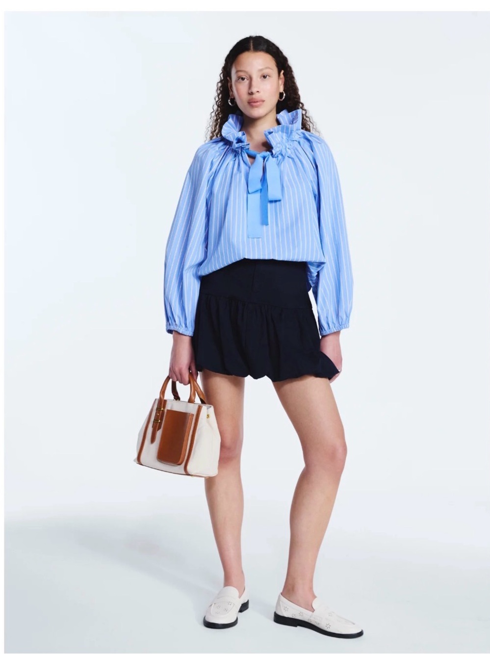 Free Assembly Ruffle Tie Neck Cotton Top with Long Puff Sleeve NWT - Picture 3 of 8